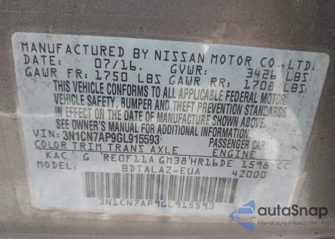 2016 Nissan Versa 1.6 S+ from USA, damaged, VIN 3N1CN7AP9GL915593